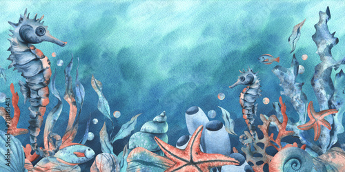 Underwater world clipart with sea animals whale, turtle, octopus, seahorse, starfish, shells, coral and algae. Hand drawn watercolor illustration. Border, template, frame on a blue marine background © NATASHA-CHU