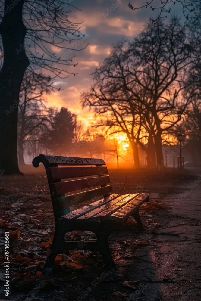 A bench in a park during sunrise
