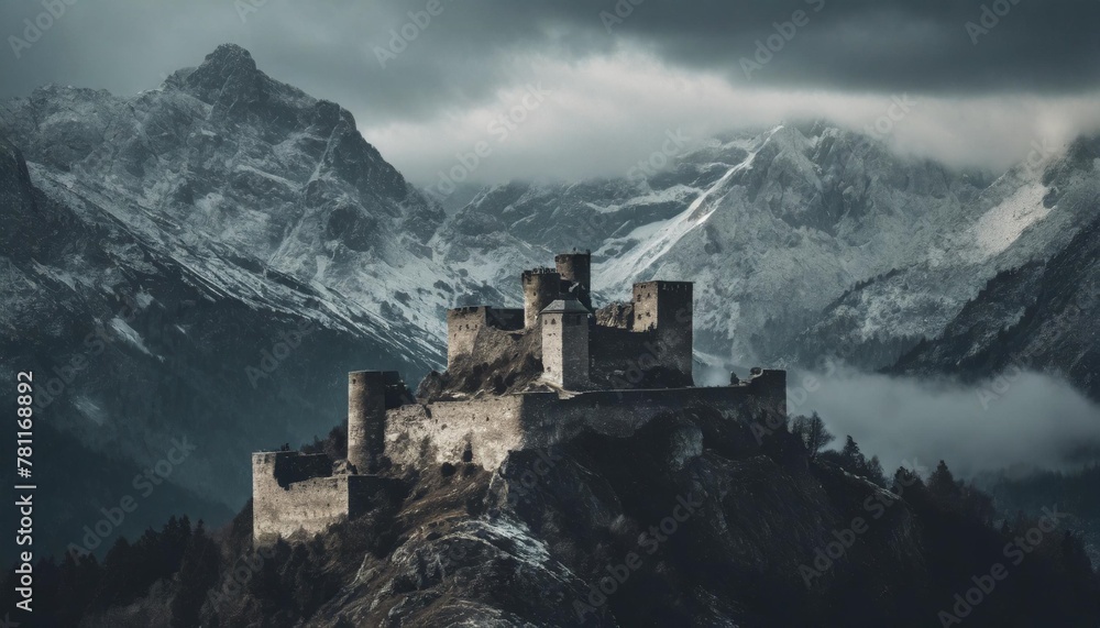 image of a majestic ancient fortress amidst snowy mountain range generative ai