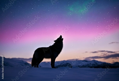 A wolf standing in the snow, looking up at the vibrant colors of an aurora borealis in the night sky