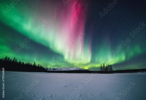 AI generated illustration of a nighttime view of an aurora borealis with a frozen lake below