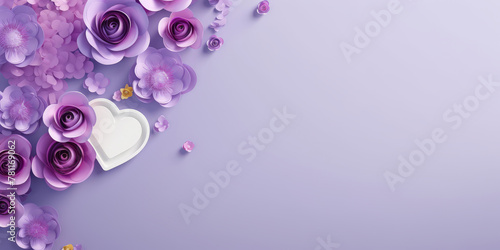 Purple paper flowers on a purple background with confetti. This vibrant and festive asset is great for wedding invitations, greeting cards, party decorations, Mother's Day and Valentine Day   © Planetz