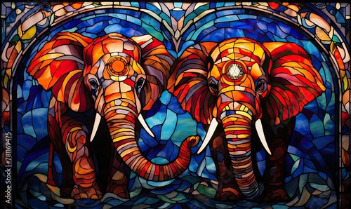 AI generated illustration of a vibrant stained glass art piece featuring African elephants