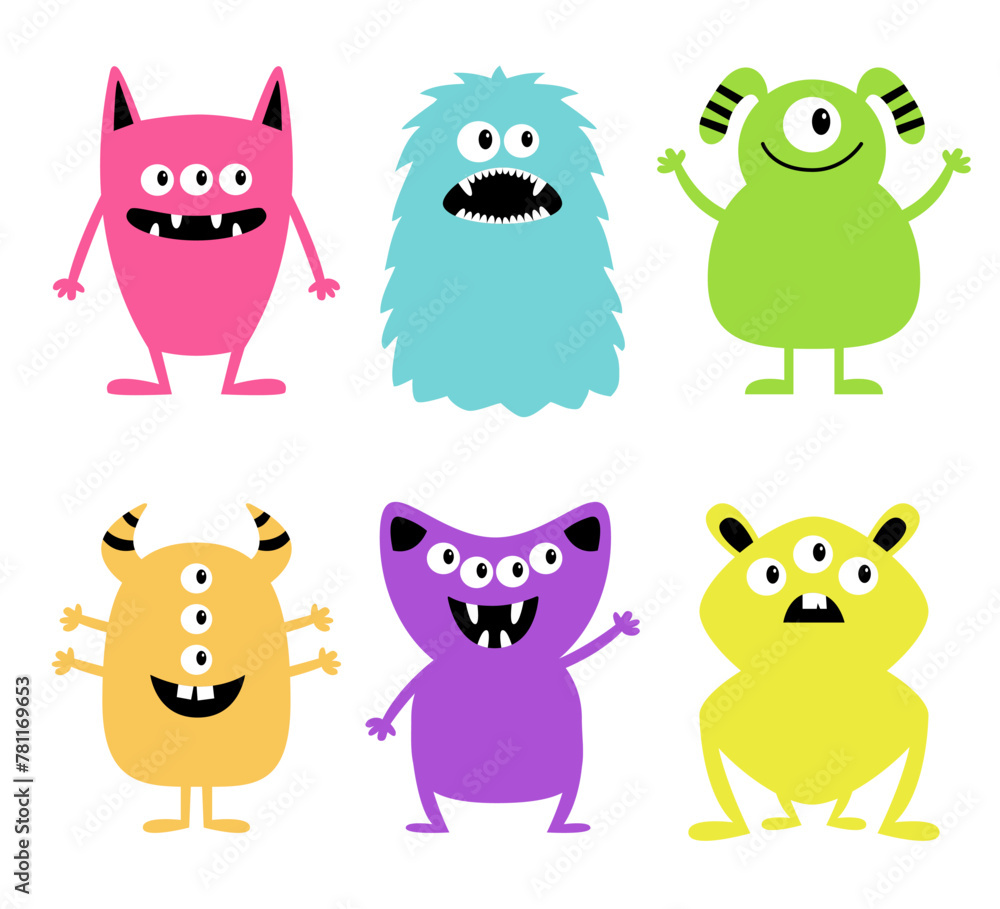 Happy Halloween. Monster set. Cartoon kawaii funny boo baby character. Colorful silhouette monsters. Cute different face. Teeth, eyes, horns, hands. Childish style. White background Flat design Vector - obrazy, fototapety, plakaty 