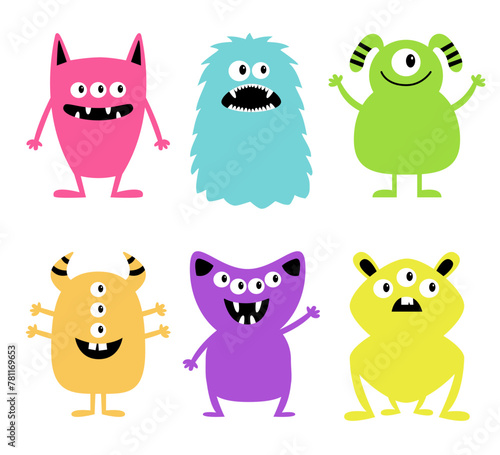 Happy Halloween. Monster set. Cartoon kawaii funny boo baby character. Colorful silhouette monsters. Cute different face. Teeth, eyes, horns, hands. Childish style. White background Flat design Vector