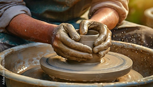 Female potter creating large pottery on a spinning wheel, AI-generated. photo