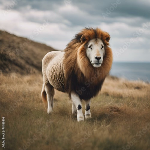 AI generated illustration of a lion-headed animal in field with cloudy sky backdrop