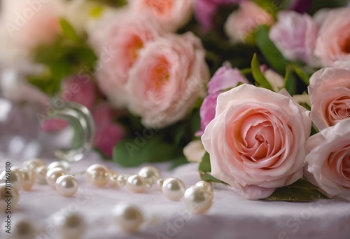 AI-generated illustration of pink roses with white pearls. Mother's Day Celebration