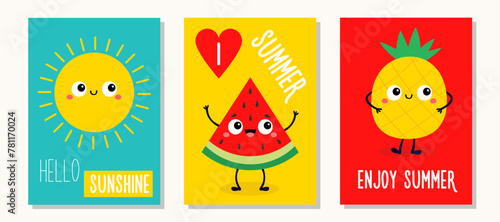Sun, watermelon, pineapple set. Cute cartoon kawaii funny baby character. Smiling face. Hello sunshine, I love summer, Hello summer greeting card. Flat design. Blue, yellow, red background. Vector