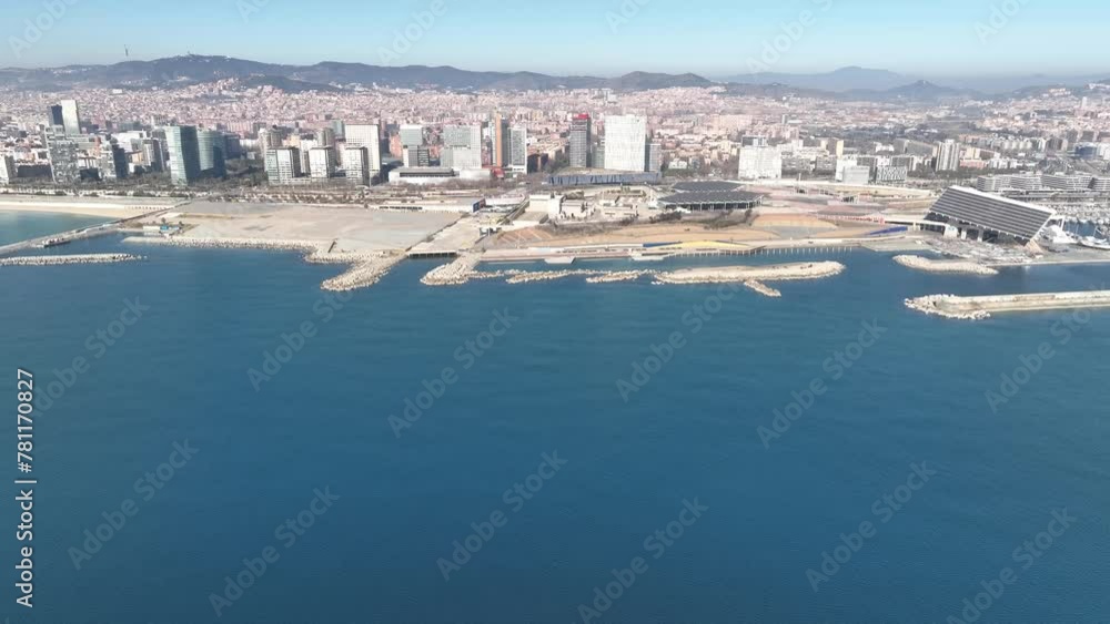 Drone view of Barcelona in the Forum solar panel area. Industrial shore and park panorama. Drone view of Barcelona in the Forum solar panel area. Industrial shore and park panorama.