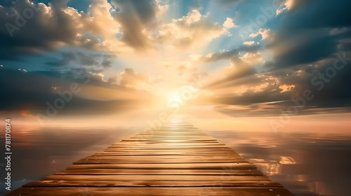 panoramic view of a wooden pontoon leading to a bright sun with light rays reflecting in clear water and piercing a cloudy sky , sunrise , landscape #781170874