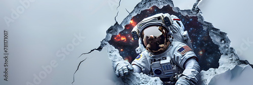 An astronaut seems to be entering into a galactic universe scene through a torn white wall, representing adventure