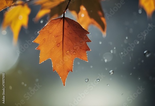 AI generated illustration of an autumn branch with rain droplets on leaves