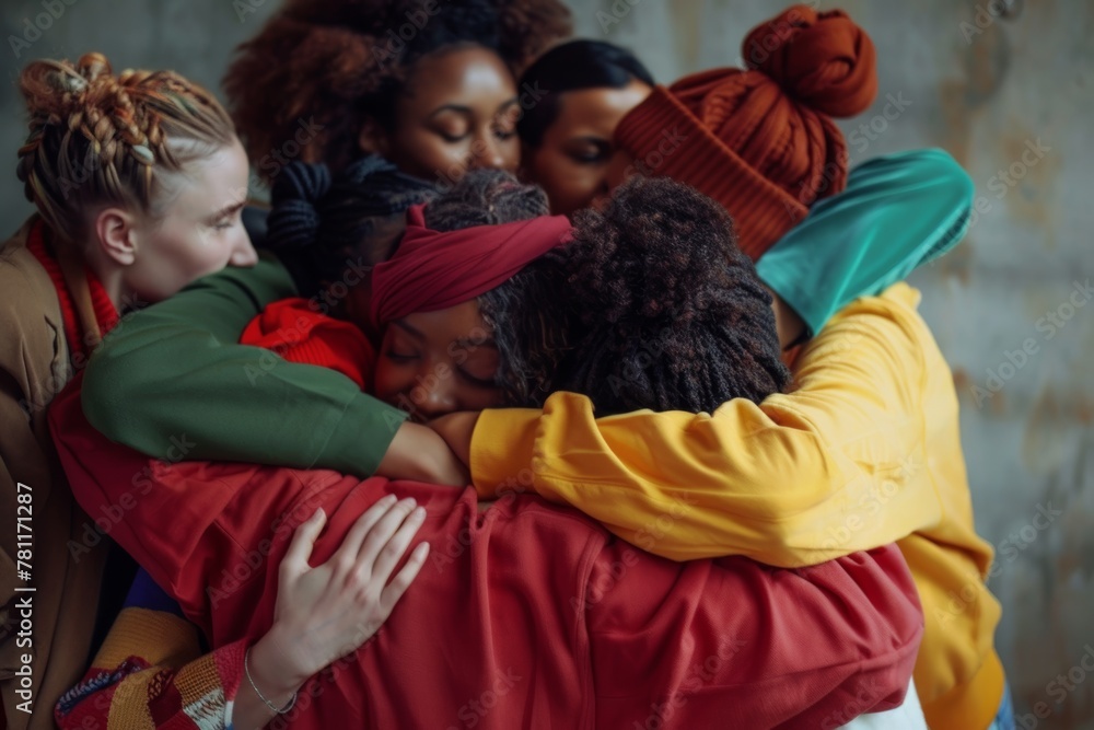 Diverse group of people in colorful clothing embracing in unity and friendship