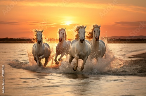 AI generated illustration of white horses running through a river at sunset photo