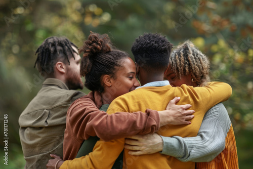 Group of diverse friends embracing in a heartfelt hug outdoors