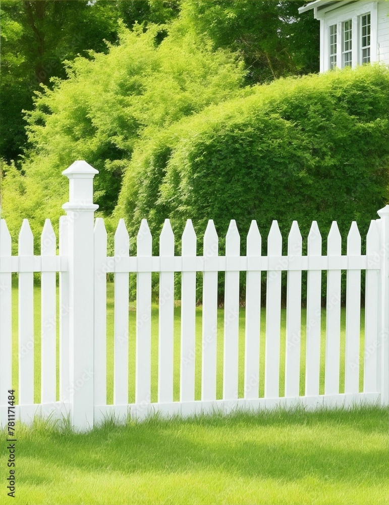 AI generated illustration of a White picket fence with green bushes in the background