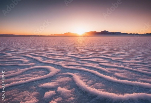 AI generated illustration of The sun sets over the otherworldly wavy salt flats