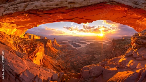 Breathtaking cave opening view at sunset. Panoramic landscape of rugged canyons. Serene nature scene with warm light. Ideal for travel and adventure themes. AI