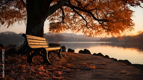 the leaves are on the ground beside the park bench in autumn photo