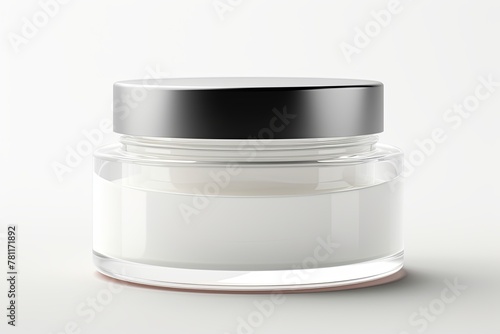 Cream jar on a white surface with grey trim, AI-generated.