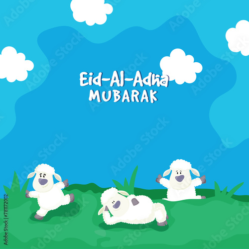 Eid-Al-Adha Mubarak Concept with Cartoon Sheep on Nature Abstract Background.