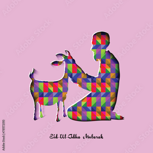 Vector illustration of Islamic Man with Goat in colorful origami style for Muslim Community, Festival of Sacrifice, Eid-Al-Adha Mubarak. photo