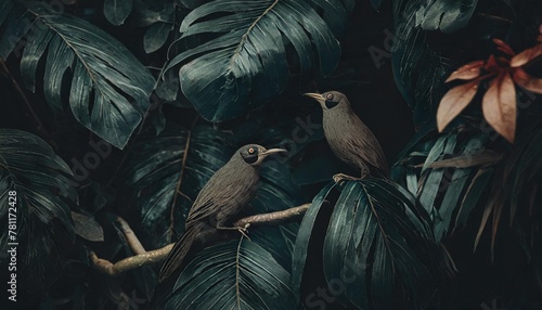 wallpaper jungle and leaves tropical forest birds old drawing vintage generative ai