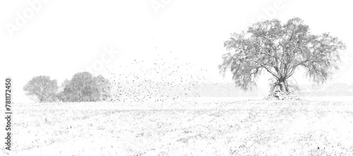 Solitary Oak Tree in Snowy Forest with Flock of Birds photo