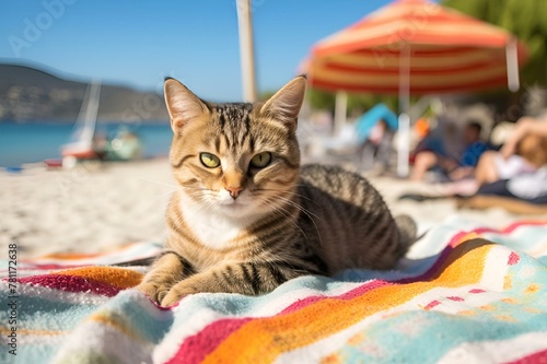 AI generated illustration of a cat relaxing on a beach blanket under a clear blue sky