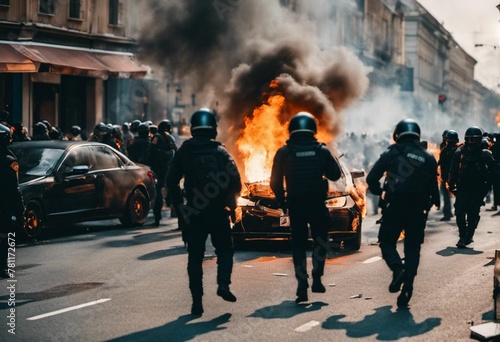 A group of police officers standing in a street, illuminated by the light of a nearby fire