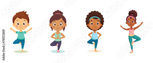 Children practicing yoga poses, vector cartoon illustration.