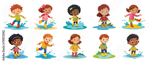 Happy children jumping and splashing in puddles, vector cartoon illustration.