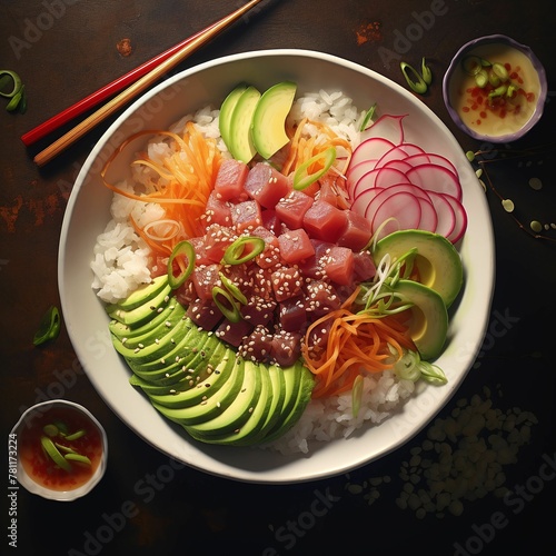AI generated illustration of a vibrant poke bowl, with glistening cubes of tuna, avocado slices