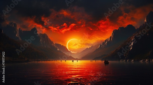 the sun over mountains with an orange sky and red clouds