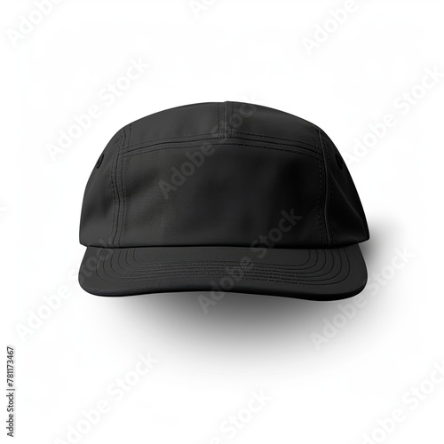 the back side of a hat that is black and has a white stripe