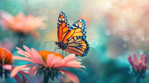 Monarch butterfly perched on a pink flower. © Katty