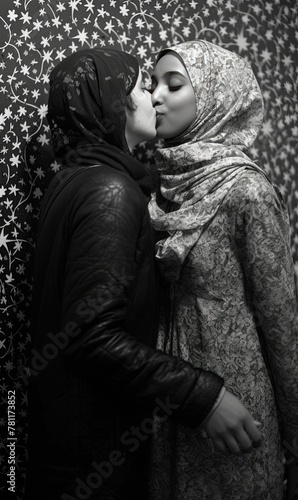 AI generated illustration of A stunning black and white photograph of two women kissing each other