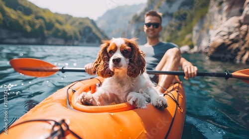 Man and his loyal dog enjoying a sunny day kayaking on a serene river. Perfect blend of adventure and companionship. Outdoor lifestyle captured beautifully. AI