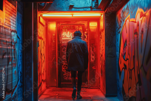 AI generated illustration of a man heading towards a dimly lit hallway © Wirestock