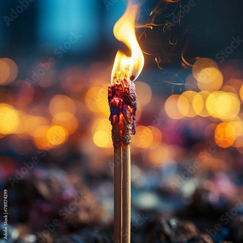 An AI illustration of a burning stick sits on a dark ground in the foreground photo