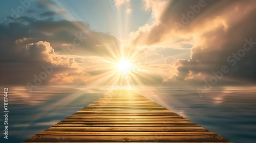 panoramic view of a wooden pontoon leading to a bright sun with light rays reflecting in clear water and piercing a cloudy sky , sunrise , landscape photo