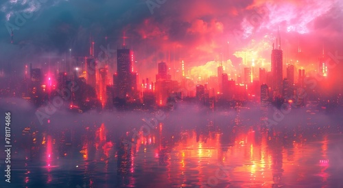 Cyberpunk City Skyline with pink and purple night vibe background