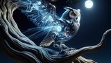 An AI illustration of owl sitting in the moonlight with a moon lit background on its back