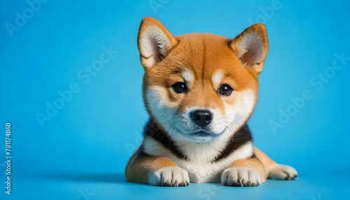 Portrait funny and happy shiba inu puppy dog peeking out from behind a blue banner. Isolated on blue pastel background