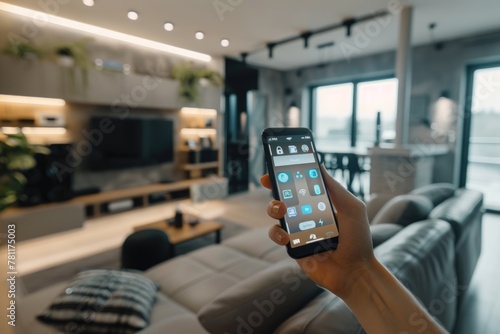 Smart home technology interface on a smartphone held in a modern living room photo