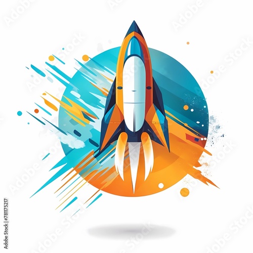 Stylish flat illustration of a rocket ship launching into space.
