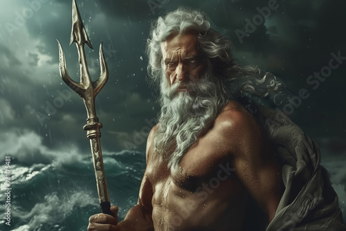 A man with a long white beard of Poseidon, the Greek god of the sea, holds a trident spear held high photo