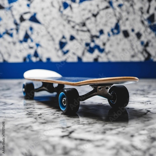 AI-generated illustration of a black skateboard on a textured floor