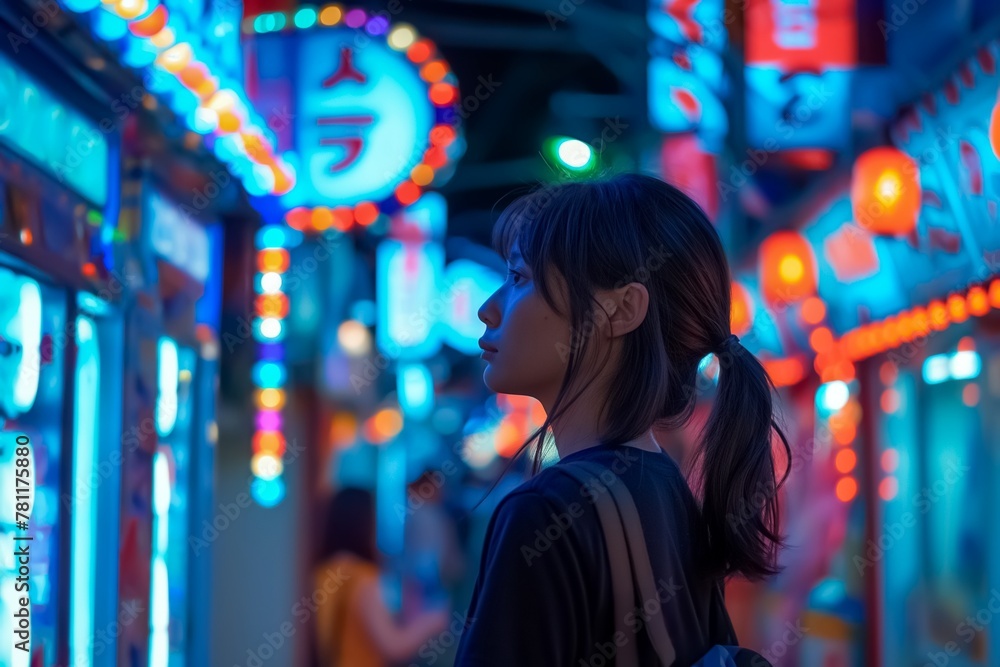 AI generated illustration of an Asian woman stands on a dimly lit street with neon signs